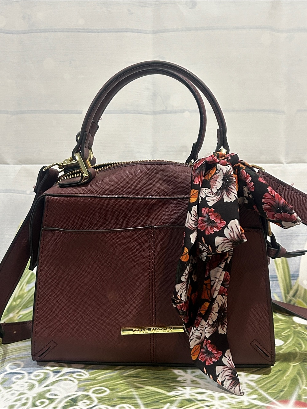 Steve Madden Burgundy Satchel with Floral Scarf Accent